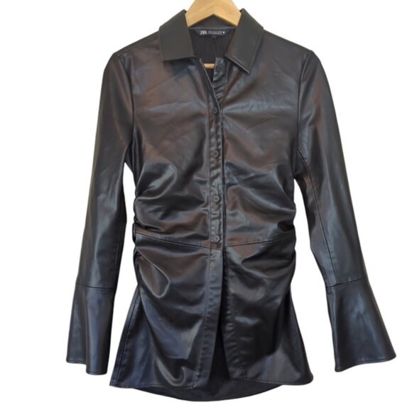 Zara Black Faux Leather Fitted Long Shirt NWOT - Picture 6 of 14